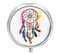 Round Metal Pill Box 3 Compartment Medicine Organiser Travel Pill Box Watercolor Dream Catcher Printed for Vitamins Fish Oil Supplements