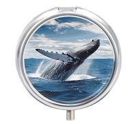 Round Metal Pill Box 3 Compartment Medicine Organiser Travel Pill Box Whale Above Sea Water in The Ocean Printed for Vitamins Fish Oil Supplements