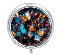 Round Metal Pill Box,Colorful Butterflies Flying Around on Black Background Printed Travel Pill Organizer Portable Pill Container Small Pill Box for Purse And Pocket For Storing Vitamins, Medicines An
