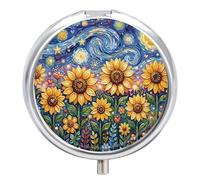 Round Metal Pill Box with Mirror, 3 Compartments(Sunflower)