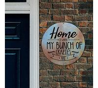 Round Metal Sign Home Is Where My Bunch of Crazies Vintage Metal Sign Wall Art Religious Christian Gift Scripture French Vintage Retro Metal Signs for Front Porch Kitchen Bedroom 9x9in