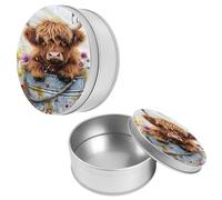 Round Metal Tin Box with Lids, 3.5x1.4 Inch Empty Silver Circular Tinplate Containers, Cute Highland Cow Design Decorative Storage for Salves, Spices, Small Jewelry, Mints & DIY Candle Making