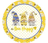 Round Metal Tin Sign Gnome Bee Happy Sign, Wreath Sign, Wreath Attachment, Bee Decor, Gnome Decor Rustic Home Bar Kitchen Restaurant Wall Art Decor Sign 8x8 Inch