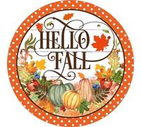 Round Metal Tin Sign Hello Fall Sign, Fall Pumpkin & Leaves Sign, Metal Round Wreath Sign Rustic Home Bar Kitchen Restaurant Wall Art Decor Sign 12x12 Inch