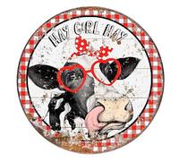 Round Metal Tin Sign Rustic Wall Decor Hay Girl Hay Heifer Sign Cow Sign Red Heifer Round Wreath Sign Farm Sign Farm Animals Wreath Decor Farmhouse Decor Hanging Suitable 12x12 Inch