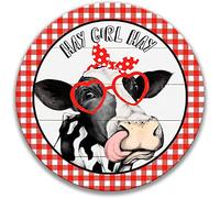Round Metal Tin Sign Rustic Wall Decor Hay Girl Hay Heifer Sign Cow Sign Red Heifer Round Wreath Sign Farm Sign Farm Animals Wreath Decor Farmhouse Decor Hanging Wood Sign Home D¨¦cor I NCH12x12 Inch