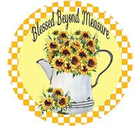 Round Metal Tin Sign Rustic Wall Decor Wall Plaque Blessed Beyond Measure Wreath Sign, Sunflower Sign,Suitable for Home Garden Kitchen Bar Cafe Restaurant Garage Wall Decor Retro Vintage 12x12 Inch