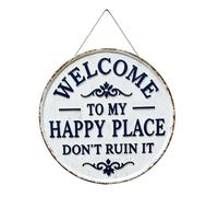 Round Metal Welcome, Retro Outdoor Sign, 12 x 12 Inches Board with Hanging Hook, Rustic Steel Wall Decor, Vintage Style with Farmhouse Charm, Holiday Party Sign for Guest Neighbor