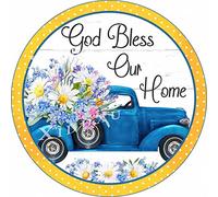 Round Metal Wreath Sign God Bless The Family Spring Daisy Blue Truck Funny Tin Sign Bar Coffee Home Kitchen Room Art Wall Plaque Decor Gift Outdoor Indoor Craft Embellishment Vintage Mural 12x12 Inch