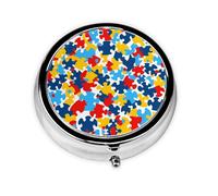 Round mini Pill Box WZYWHJ Autism Awareness Puzzle Pieces Heart Picture Small and Portable with partitions for Medicine Storage for Travel and Daily use