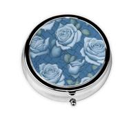 Round mini Pill Box WZYWHJ Beautiful Roses on Blue Background Printing Small and Portable with partitions for Medicine Storage for Travel and Daily use