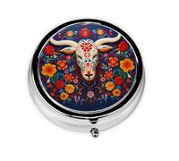 Round mini Pill Box WZYWHJ Bull Head and Flowers Printing Small and Portable with partitions for Medicine Storage for Travel and Daily use