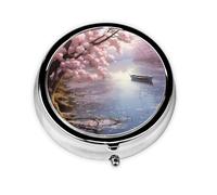 Round mini Pill Box WZYWHJ Cherry Blossoms by The Lake Pattern Small and Portable with partitions for Medicine Storage for Travel and Daily use