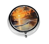 Round mini Pill Box WZYWHJ Coconut Trees by The Lake Pattern Small and Portable with partitions for Medicine Storage for Travel and Daily use