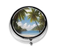 Round mini Pill Box WZYWHJ Coconut Trees by The sea Pattern Small and Portable with partitions for Medicine Storage for Travel and Daily use