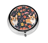 Round mini Pill Box WZYWHJ Corgi Floral Flowers Pattern Small and Portable with partitions for Medicine Storage for Travel and Daily use