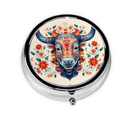 Round mini Pill Box WZYWHJ Cow Head and Flowers Pattern Small and Portable with partitions for Medicine Storage for Travel and Daily use