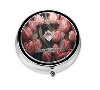 Round mini Pill Box WZYWHJ Crystal and Pink Tulips Pattern Small and Portable with partitions for Medicine Storage for Travel and Daily use