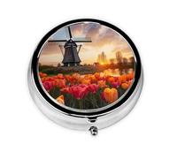Round mini Pill Box WZYWHJ Dutch Windmills Picture Small and Portable with partitions for Medicine Storage for Travel and Daily use