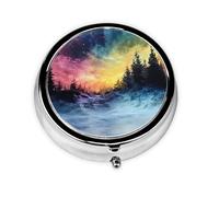 Round mini Pill Box WZYWHJ Forest Aurora Pattern Small and Portable with partitions for Medicine Storage for Travel and Daily use