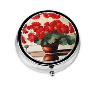 Round mini Pill Box WZYWHJ Geranium Potted Plant Pattern Small and Portable with partitions for Medicine Storage for Travel and Daily use