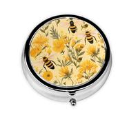 Round mini Pill Box WZYWHJ gnome bee Yellow Floral Printing Small and Portable with partitions for Medicine Storage for Travel and Daily use