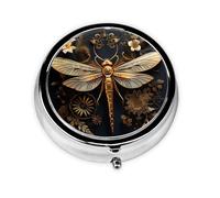 Round mini Pill Box WZYWHJ Gold Exquisite Dragonfly Picture Small and Portable with partitions for Medicine Storage for Travel and Daily use