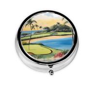 Round mini Pill Box WZYWHJ Hawaii Beach Golf Course Pattern Small and Portable with partitions for Medicine Storage for Travel and Daily use