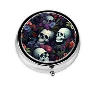 Round mini Pill Box WZYWHJ Horrible Dark Skulls Flowers Pattern Picture Small and Portable with partitions for Medicine Storage for Travel and Daily use