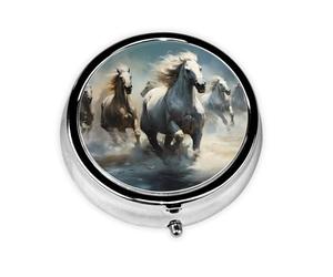 Round mini Pill Box WZYWHJ Horses Running Wild in The River Picture Small and Portable with partitions for Medicine Storage for Travel and Daily use
