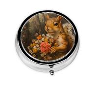 Round mini Pill Box WZYWHJ Little Squirrel Holding Flowers Printing Small and Portable with partitions for Medicine Storage for Travel and Daily use