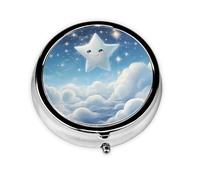 Round mini Pill Box WZYWHJ Little Stars in The White Clouds Printing Small and Portable with partitions for Medicine Storage for Travel and Daily use
