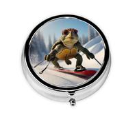 Round mini Pill Box WZYWHJ Little Turtle Skiing Printing Small and Portable with partitions for Medicine Storage for Travel and Daily use