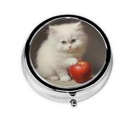 Round mini Pill Box WZYWHJ Little White cat Eating Fruit Printing Small and Portable with partitions for Medicine Storage for Travel and Daily use