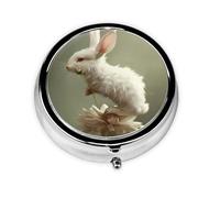 Round mini Pill Box WZYWHJ Little White Rabbit on Flowers Printing Small and Portable with partitions for Medicine Storage for Travel and Daily use