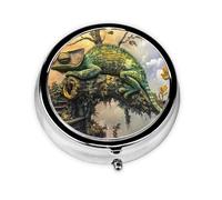 Round mini Pill Box WZYWHJ Lying Chameleon Picture Small and Portable with partitions for Medicine Storage for Travel and Daily use
