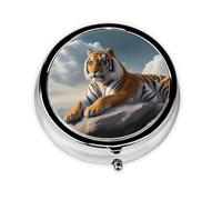 Round mini Pill Box WZYWHJ Majestic Tiger Resting on a Rock with Cloudy Sky Pattern Small and Portable with partitions for Medicine Storage for Travel and Daily use