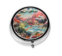Round mini Pill Box WZYWHJ Mountains and seas Printing Small and Portable with partitions for Medicine Storage for Travel and Daily use