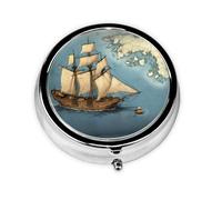 Round mini Pill Box WZYWHJ Nautical Sailboat Map Printing Small and Portable with partitions for Medicine Storage for Travel and Daily use