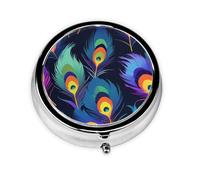 Round mini Pill Box WZYWHJ Neon Peacock Feather Prints Small and Portable with partitions for Medicine Storage for Travel and Daily use