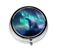 Round mini Pill Box WZYWHJ Northern Lights Polar Bear Prints Small and Portable with partitions for Medicine Storage for Travel and Daily use