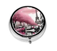 Round mini Pill Box WZYWHJ Paris Street Eiffel Tower Pink Floral Pattern Small and Portable with partitions for Medicine Storage for Travel and Daily use