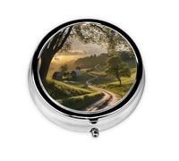 Round mini Pill Box WZYWHJ Pastoral After rain Picture Small and Portable with partitions for Medicine Storage for Travel and Daily use