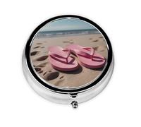Round mini Pill Box WZYWHJ Pink flip Flops on The Beach Printing Small and Portable with partitions for Medicine Storage for Travel and Daily use