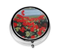 Round mini Pill Box WZYWHJ Red Geranium Potted Plant Pattern Small and Portable with partitions for Medicine Storage for Travel and Daily use