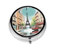 Round mini Pill Box WZYWHJ Romantic Paris Eiffel Tower Bycicle Pattern Small and Portable with partitions for Medicine Storage for Travel and Daily use