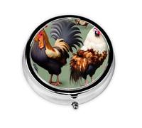 Round mini Pill Box WZYWHJ Rooster and Chicken Printing Small and Portable with partitions for Medicine Storage for Travel and Daily use