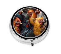 Round mini Pill Box WZYWHJ Roosters Dressed in Many Colors Picture Small and Portable with partitions for Medicine Storage for Travel and Daily use