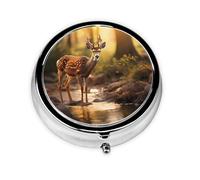 Round mini Pill Box WZYWHJ Sika Deer Drinking Water Printing Small and Portable with partitions for Medicine Storage for Travel and Daily use
