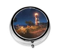 Round mini Pill Box WZYWHJ Starfish Lighthouse Beach Pattern Small and Portable with partitions for Medicine Storage for Travel and Daily use